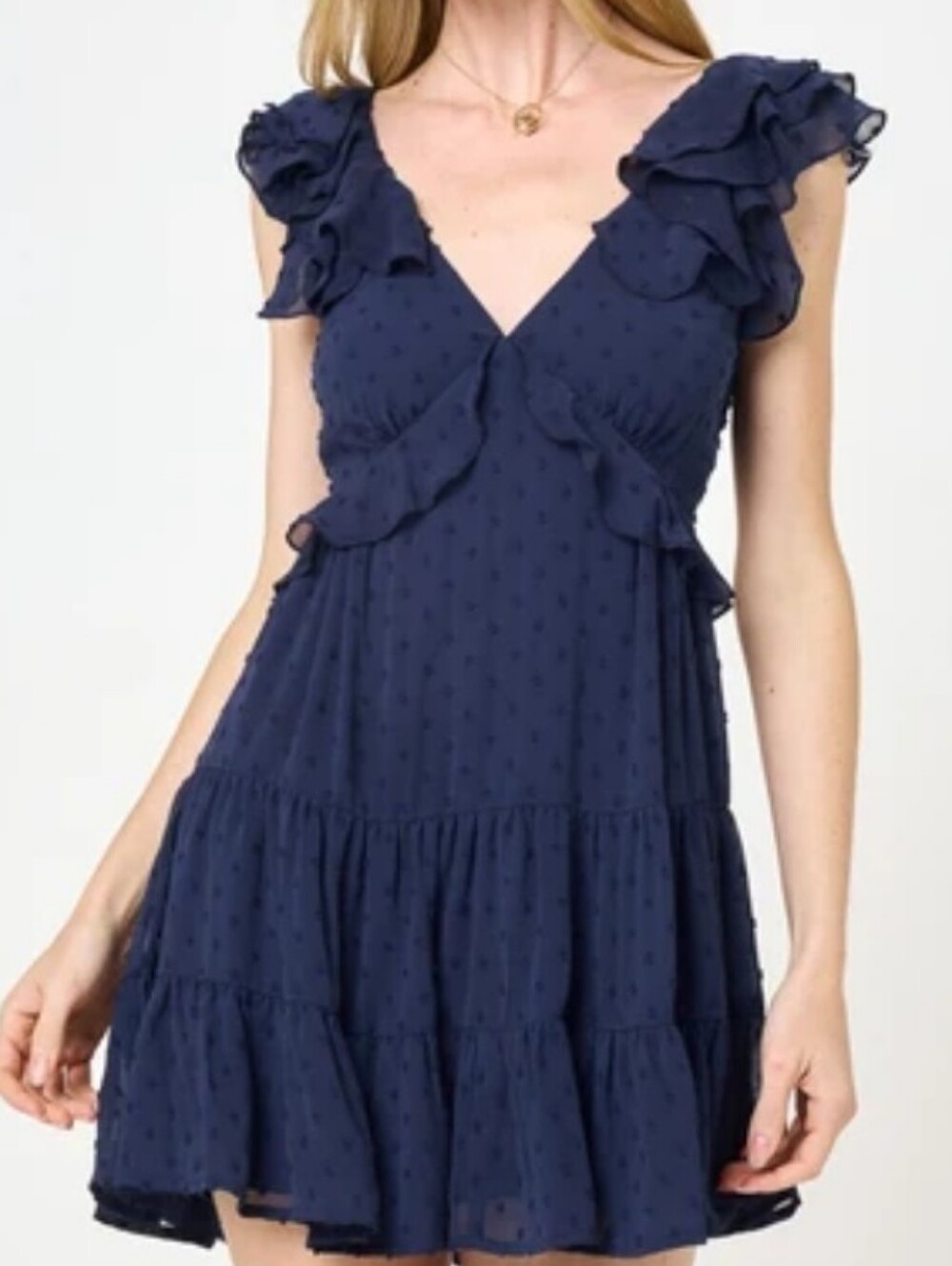 Trixxi Juniors' Clip-Dot Ruffled V-Neck Tiered Dress - Navy Blue - Size Large